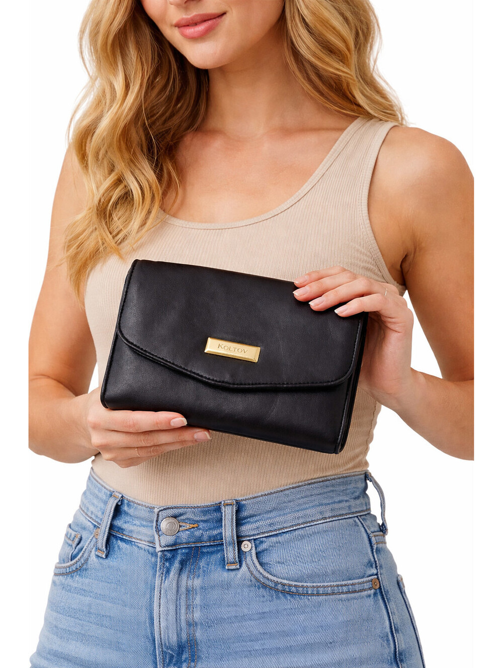 Koltov Black Clutch Crossbody Bag New 8x6 Faux Leather Convertible Purse